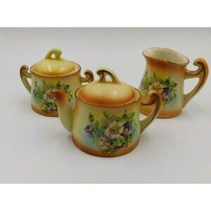 Czecho Slovakia Hand Painted Pottery Tea Set Floral Design Teapot Sugar Creamer